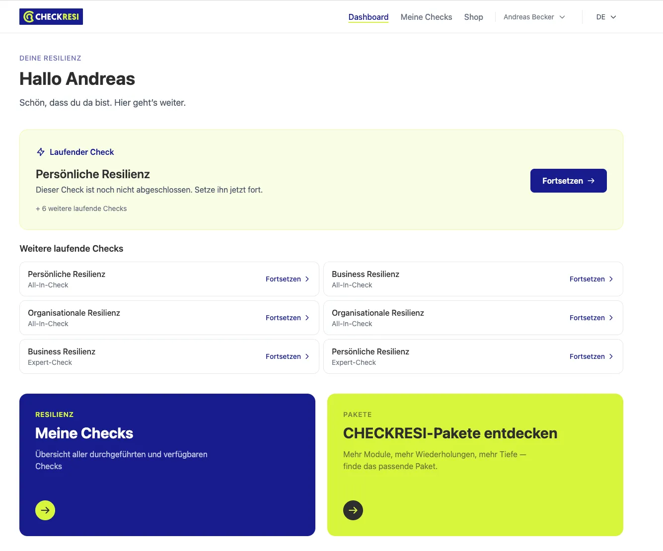 Dashboard der CHECKRESI-App mit laufenden Checks und Schnellzugriff auf Meine Checks und Pakete