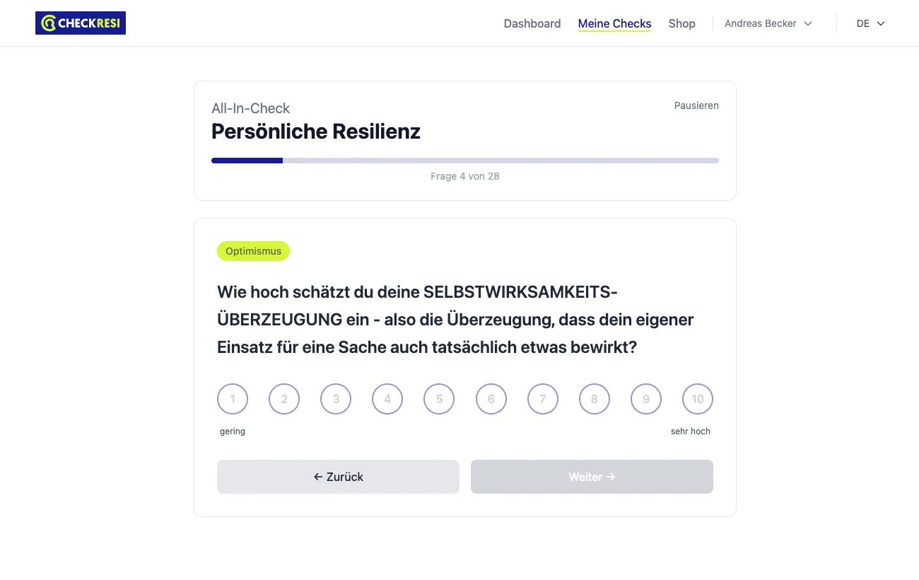 CHECKRESI-Web-App: Frage zum Resilienzfaktor Optimismus mit Skala von 1 bis 10 und Fortschrittsbalken