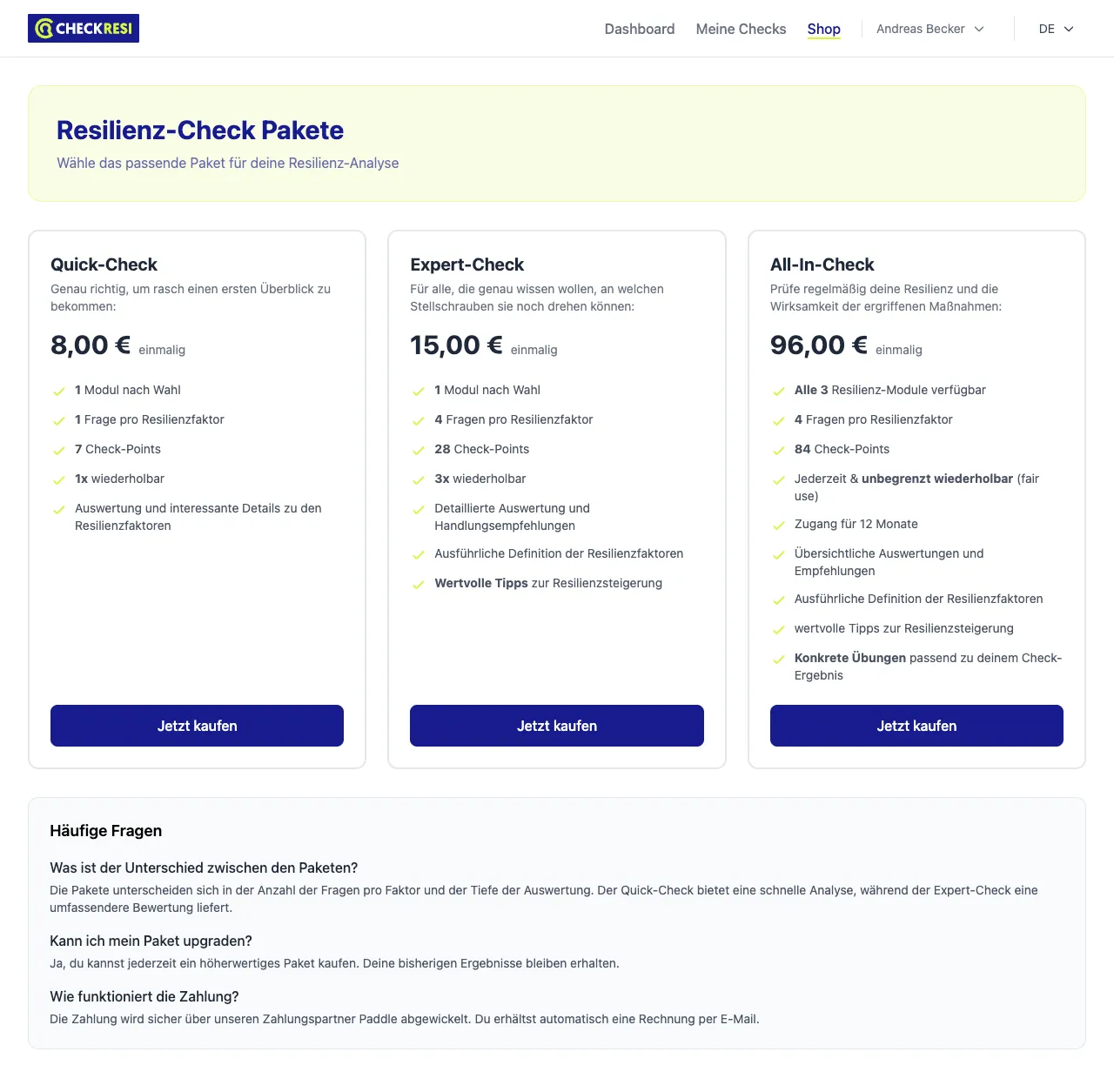 Shop in der CHECKRESI-App mit den Paketen Quick-Check, Expert-Check und All-In-Check
