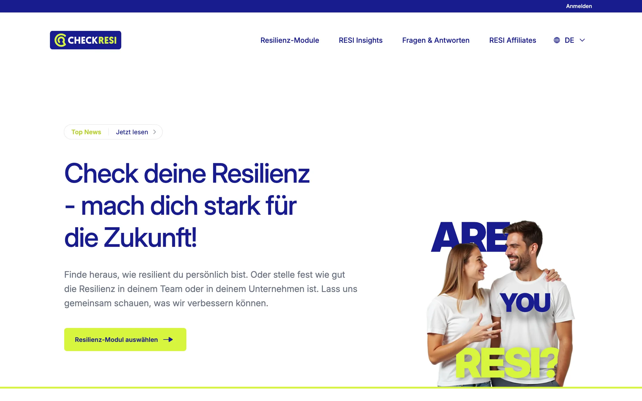 Startseite von checkresi.com mit der Überschrift „Check deine Resilienz – mach dich stark für die Zukunft!“